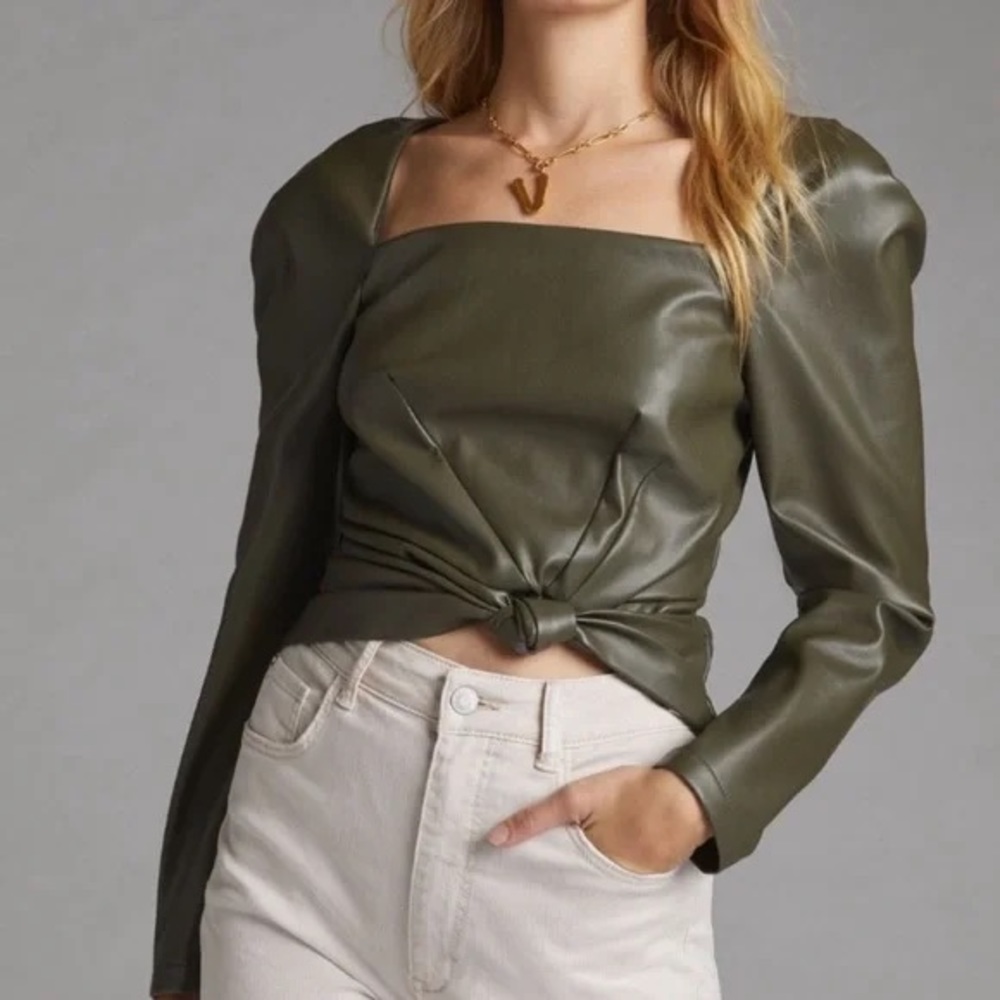 Anthropologie Hutch Square Neck Faux Leather Top Long Sleeve Size 10